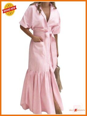 Striped Button Down Maxi Dress with Pockets - Cotton
